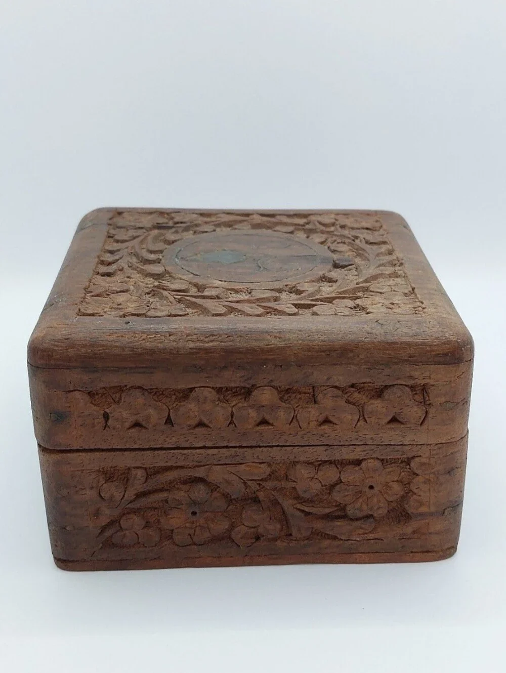 Vintage Hand Carved Wooden Trinket Jewelry Box Floral Folk Art Keepsake Storage